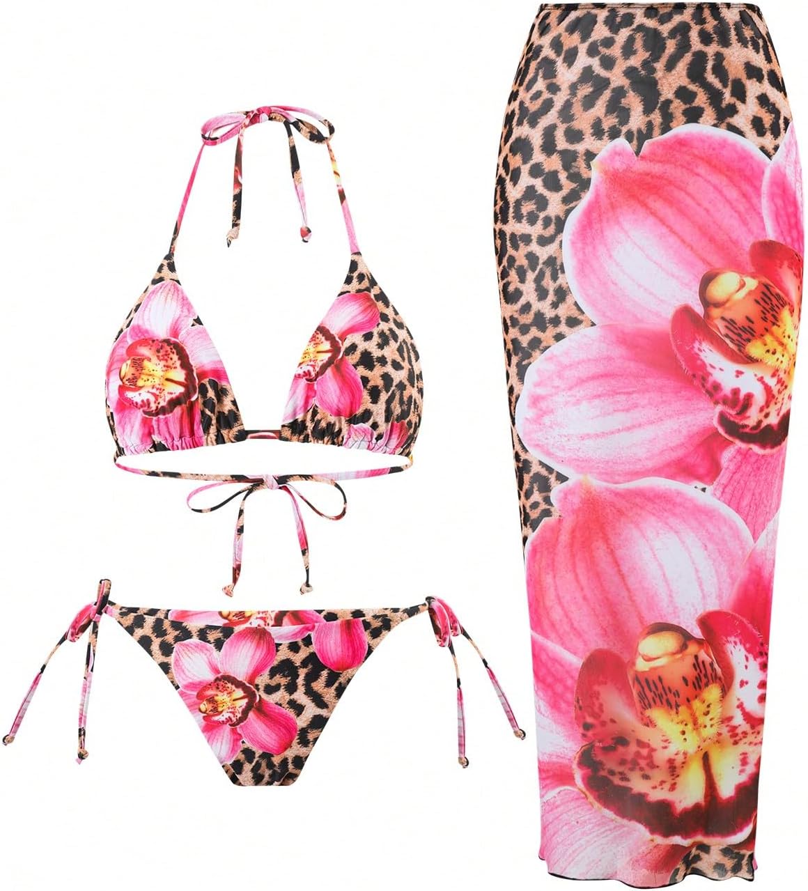ZAFUL Womens 3pcs Swimsuit Floral Halter Bikini Set with Cover Up