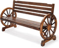 VINGLI Outdoor Rustic Wooden Bench with Wagon Wheel Arms for 3