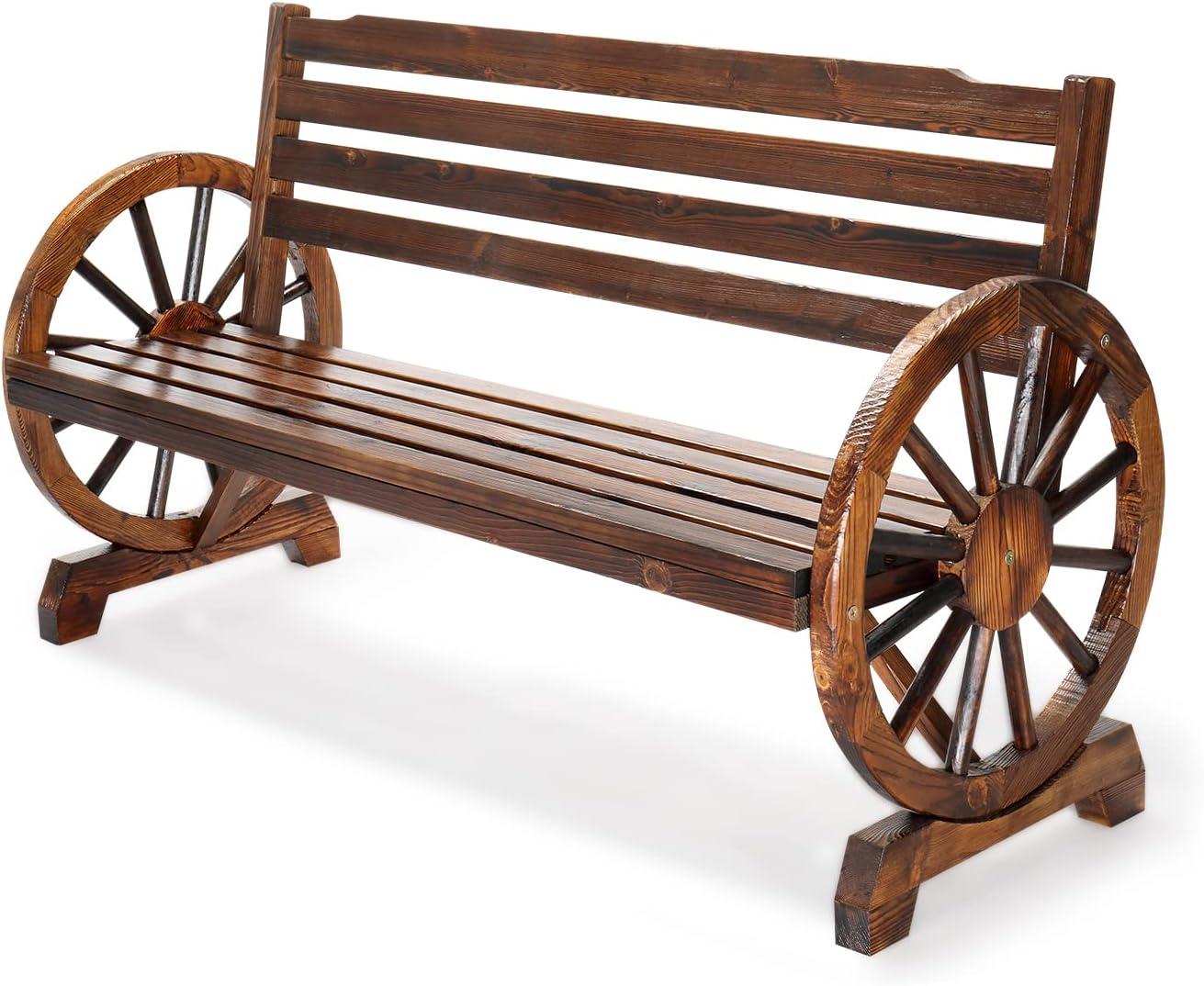 VINGLI Outdoor Rustic Wooden Bench with Wagon Wheel Arms for 3