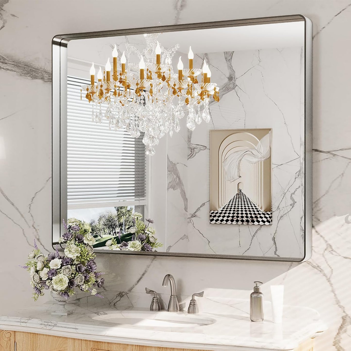 Brushed Nickel Bathroom Mirror with Rounded Rectangle Frame