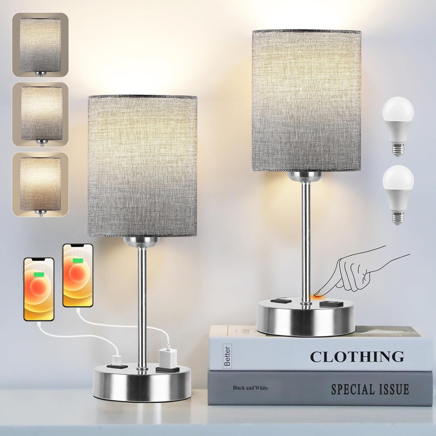 Touch Control Table Lamps for Bedroom Set of 2 with USB Port