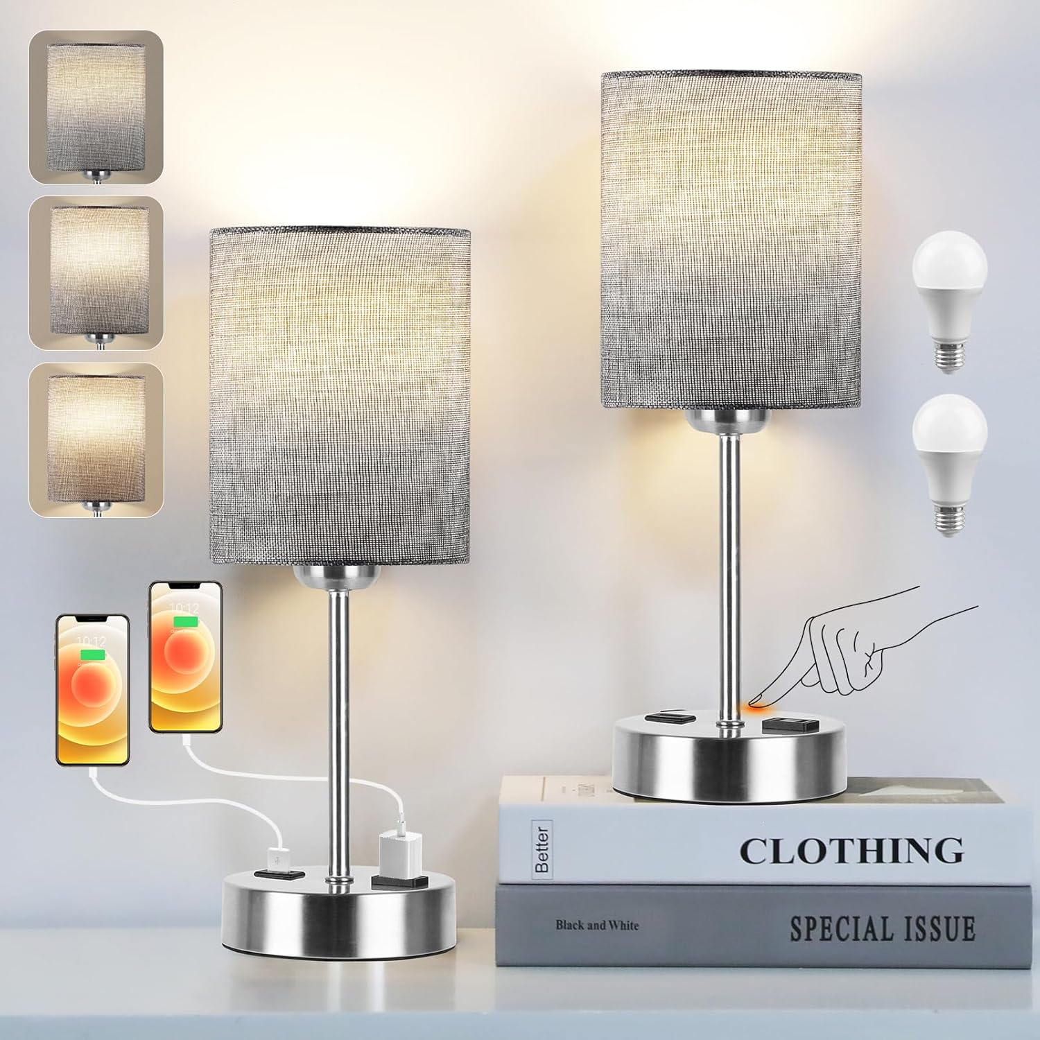 Touch Control Table Lamps for Bedroom Set of 2 with USB Port