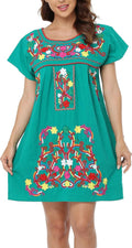 Women Mexican Embroidered Dress Short Sleeve - 100% Cotton Comfort