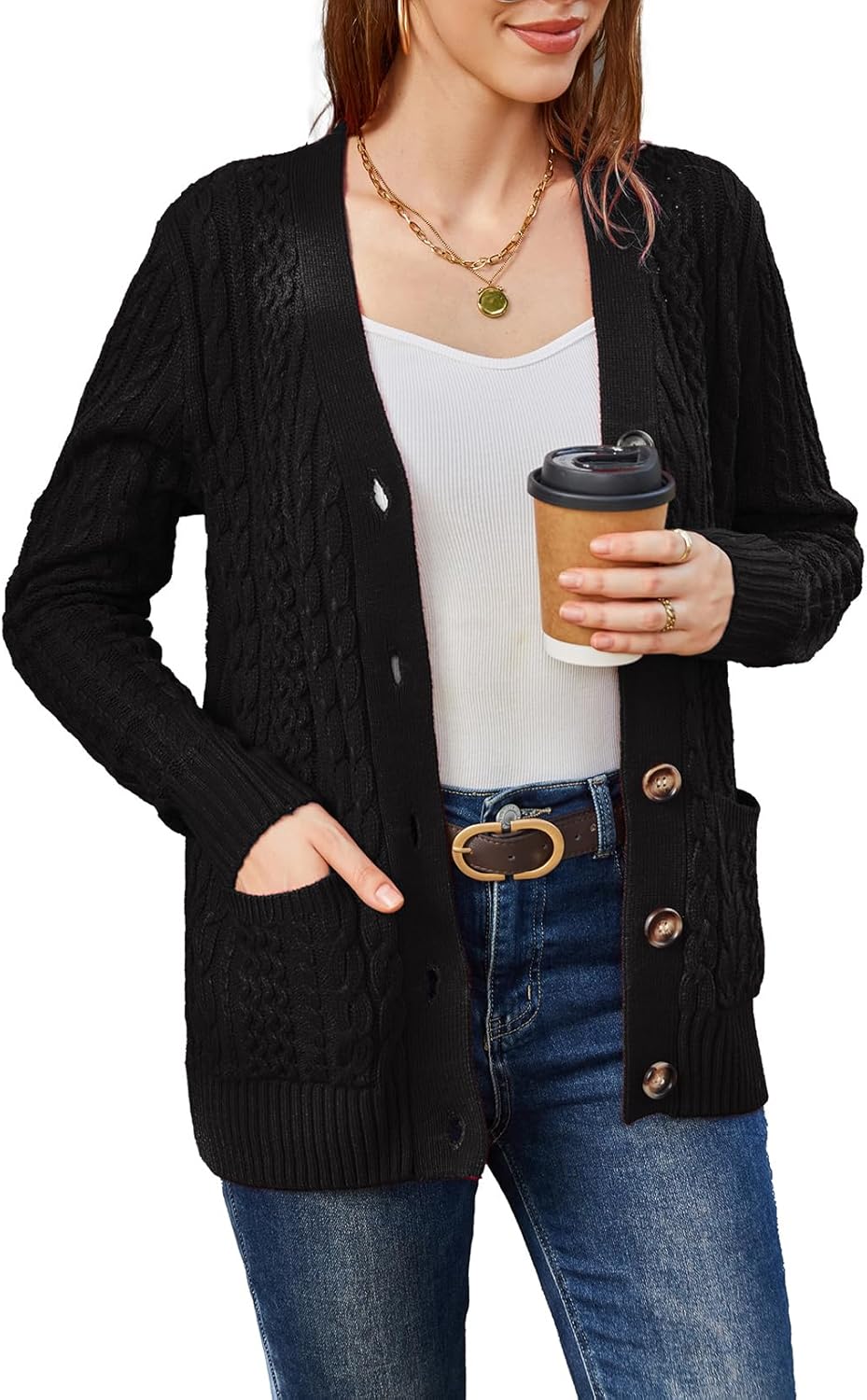 Womens Cardigan Sweaters Cable Knit Open Front with Pockets