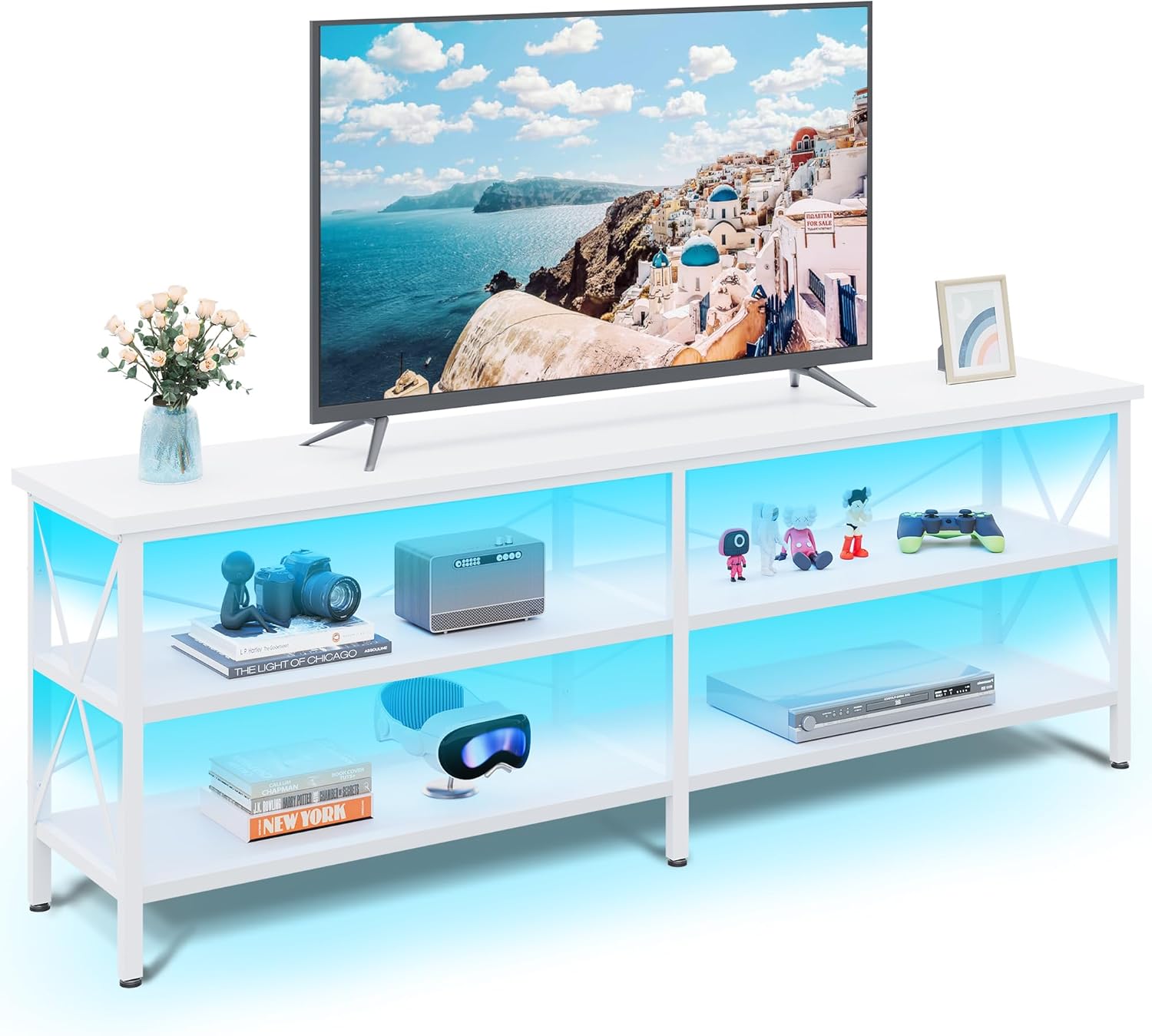 Modern LED TV Stand for 70 TVs, 3-Tier Storage, White