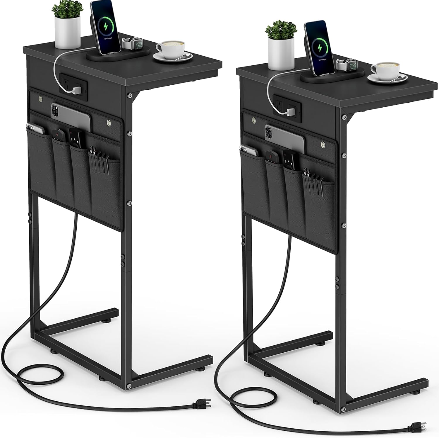 Vagusicc C Shaped End Table Set with Charging Station for Couch