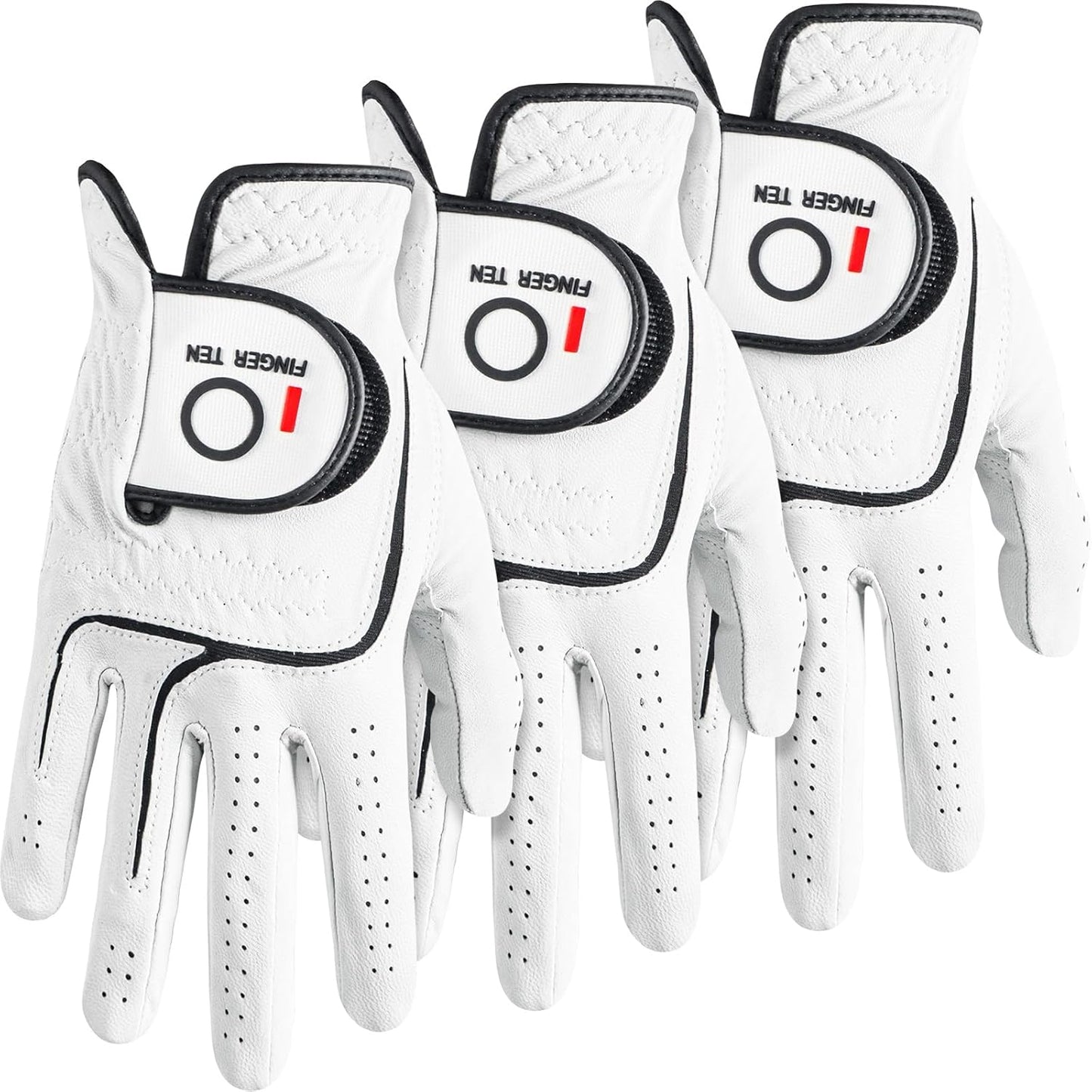 FINGER TEN Mens Premium Soft Cabretta Leather Golf Gloves 3 Pack