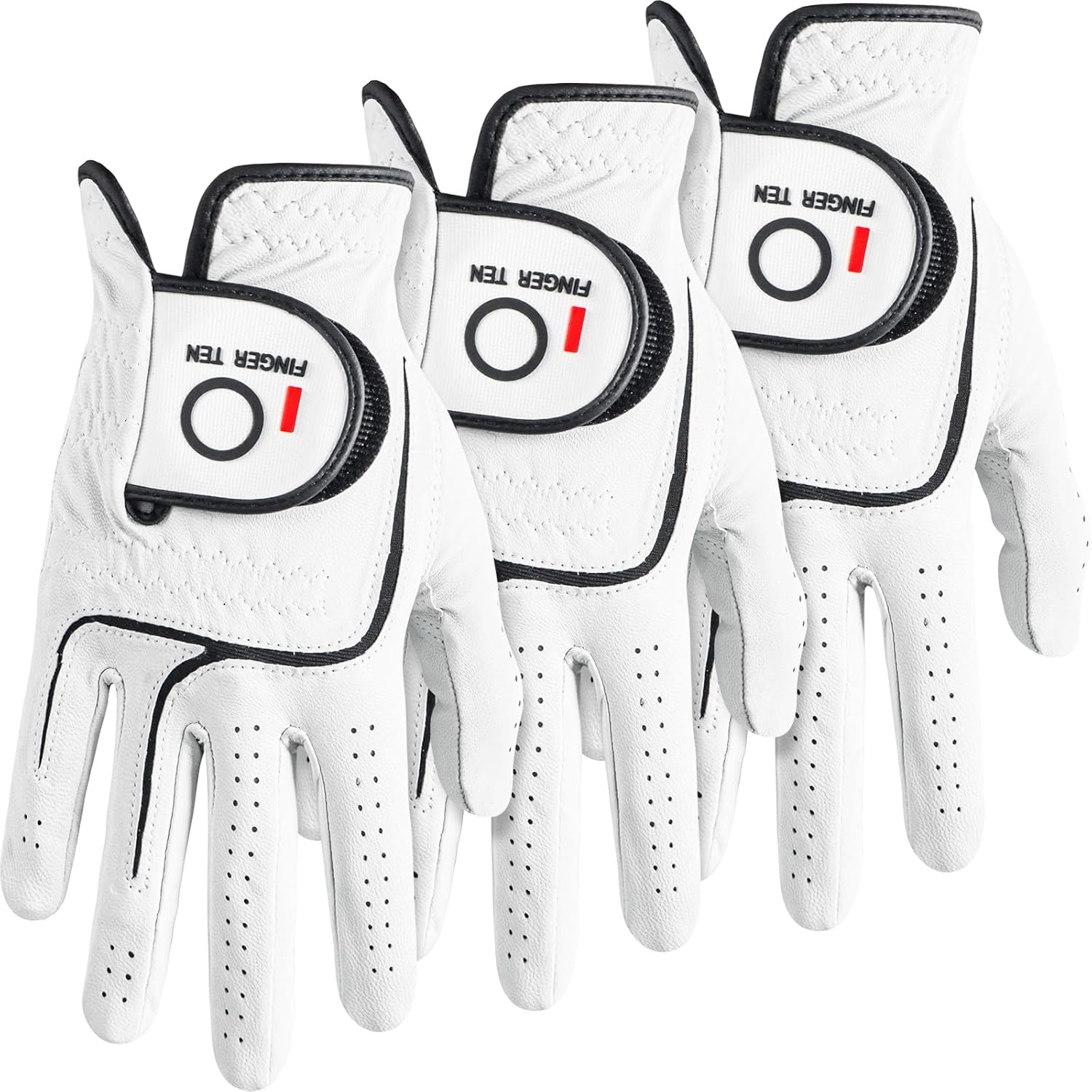 FINGER TEN Mens Premium Soft Cabretta Leather Golf Gloves 3 Pack