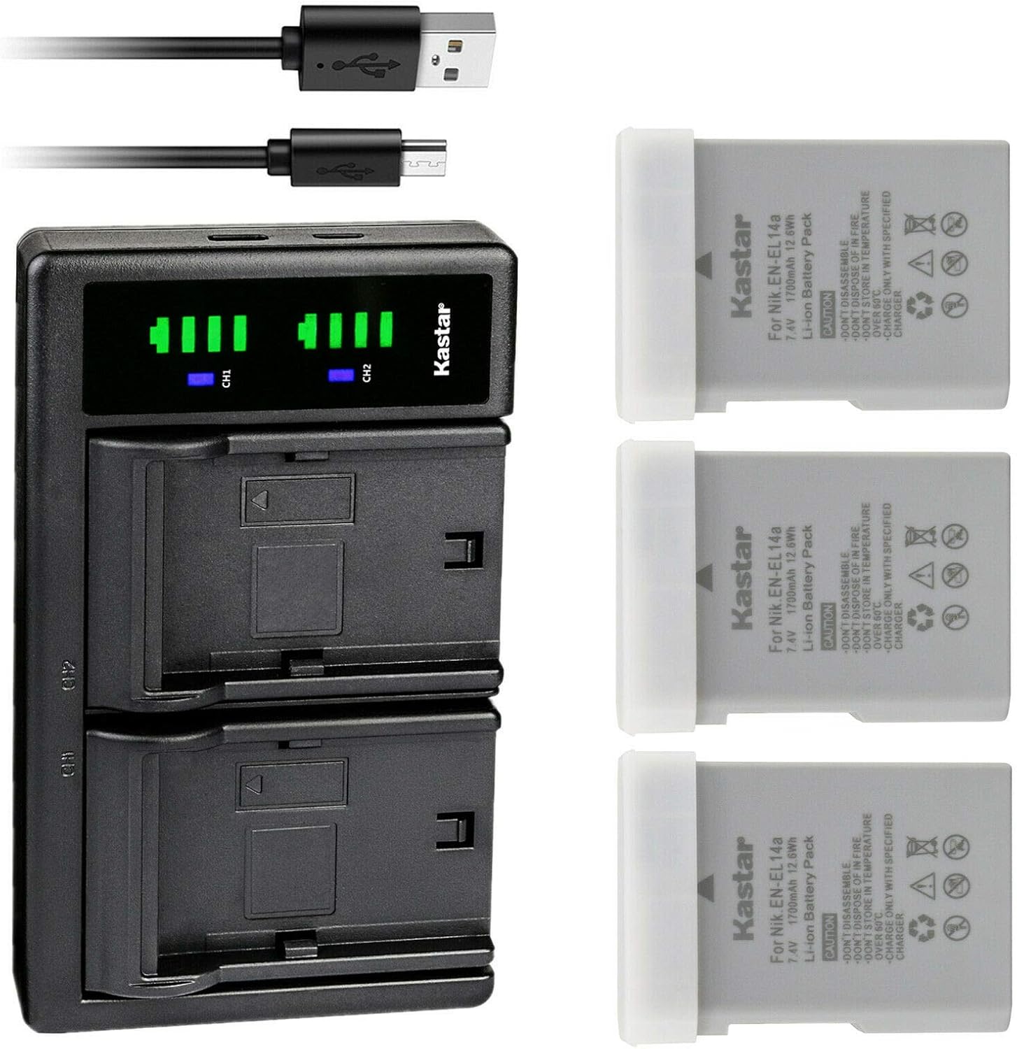 Kastar 3-Pack EN-EL14a Battery and USB Charger for Nikon Cameras