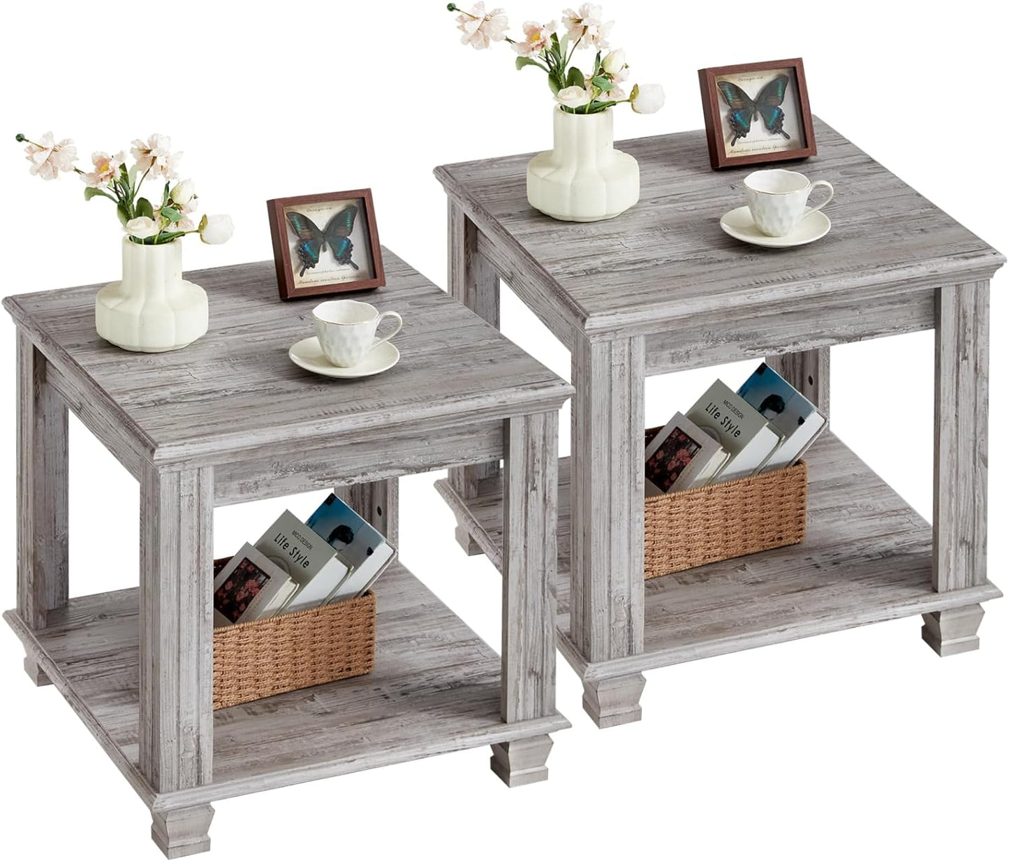 Farmhouse End Table Set of 2 for Living Room with Storage