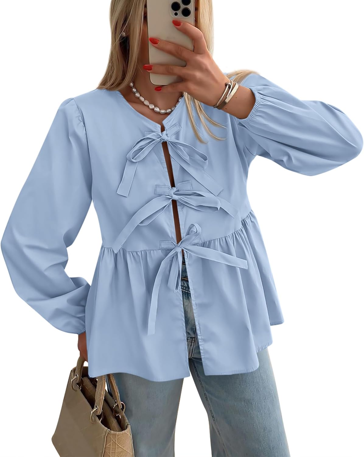 Chic Long Sleeve Babydoll Peplum Blouse with Bow Tie Front