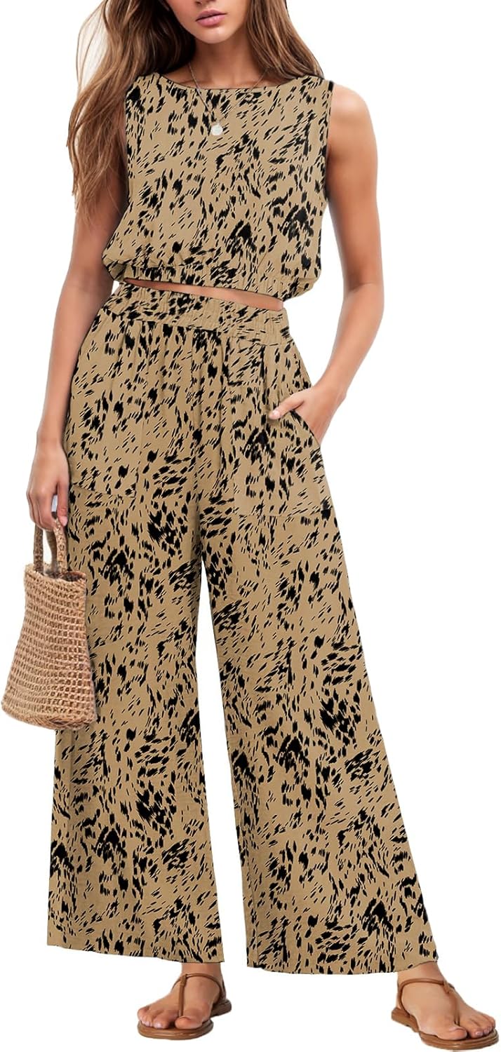GRECERELLE Two Piece Sets for Women Sleeveless Crop Top Pants