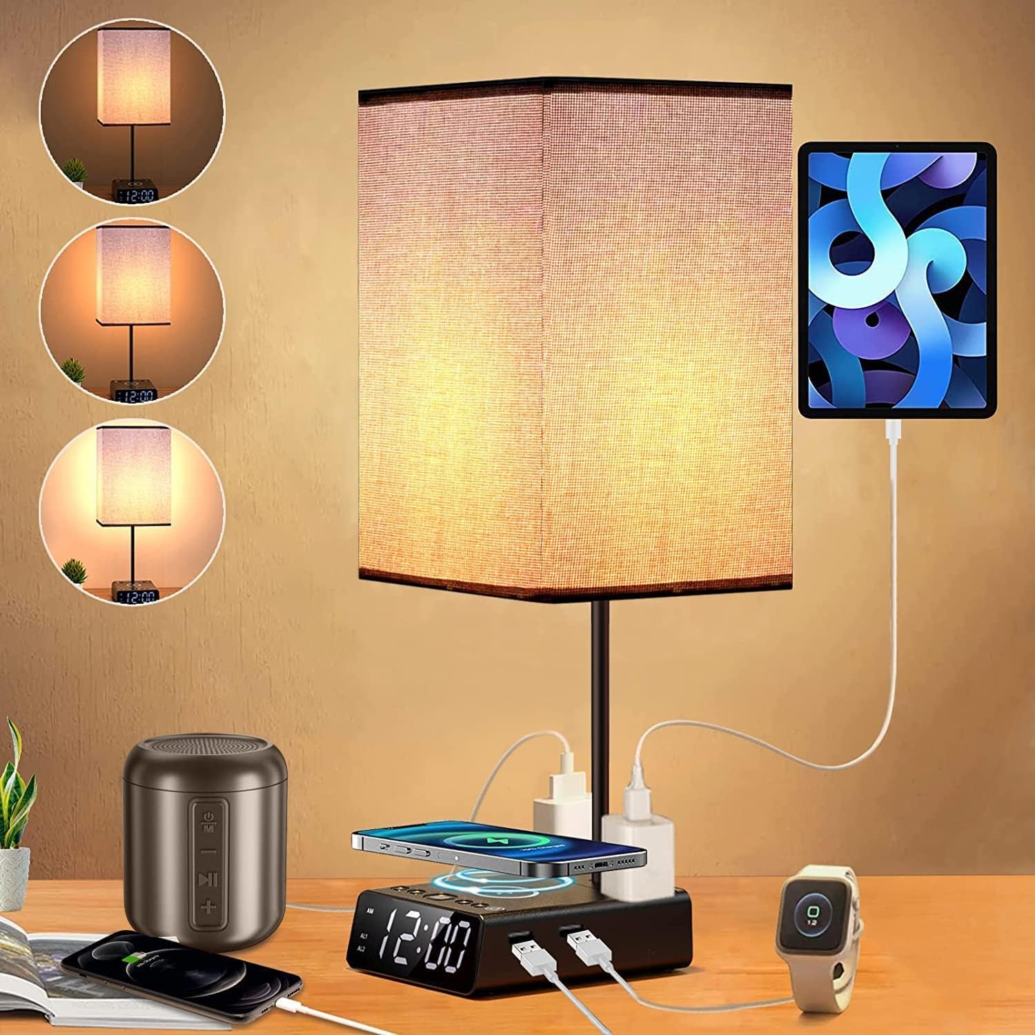Dimmable Bedside Lamp with USB Ports and Wireless Charger