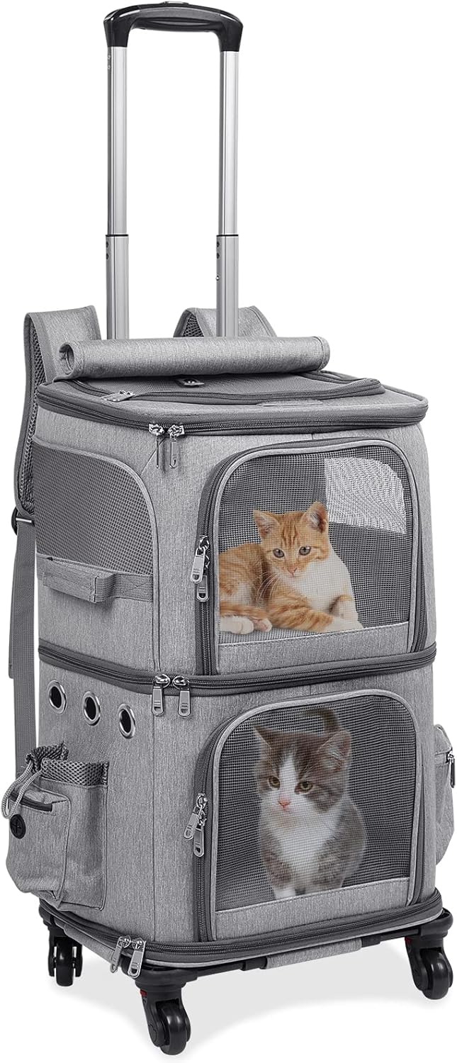 Double-Compartment Pet Carrier Backpack with Wheels for Cats