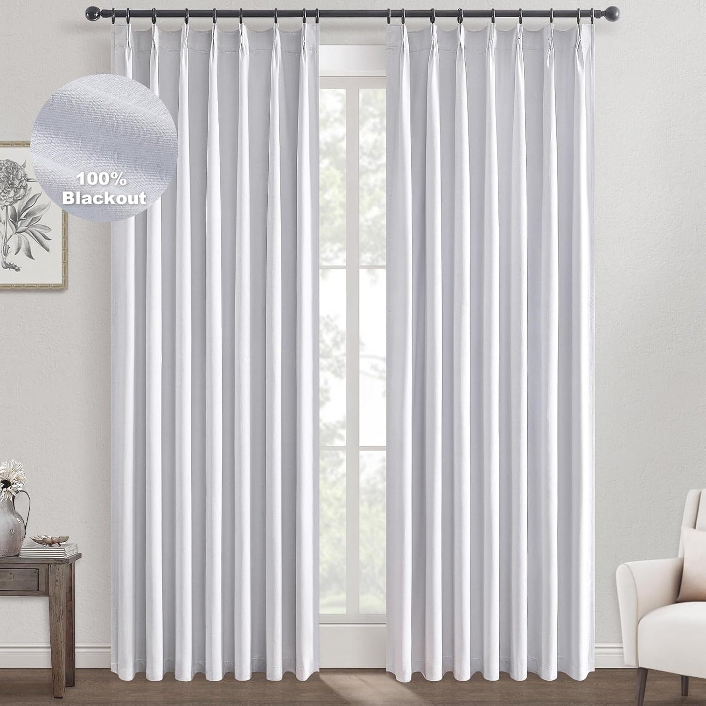 Topfinel White Pinch Pleated Curtains for Complete Blackout