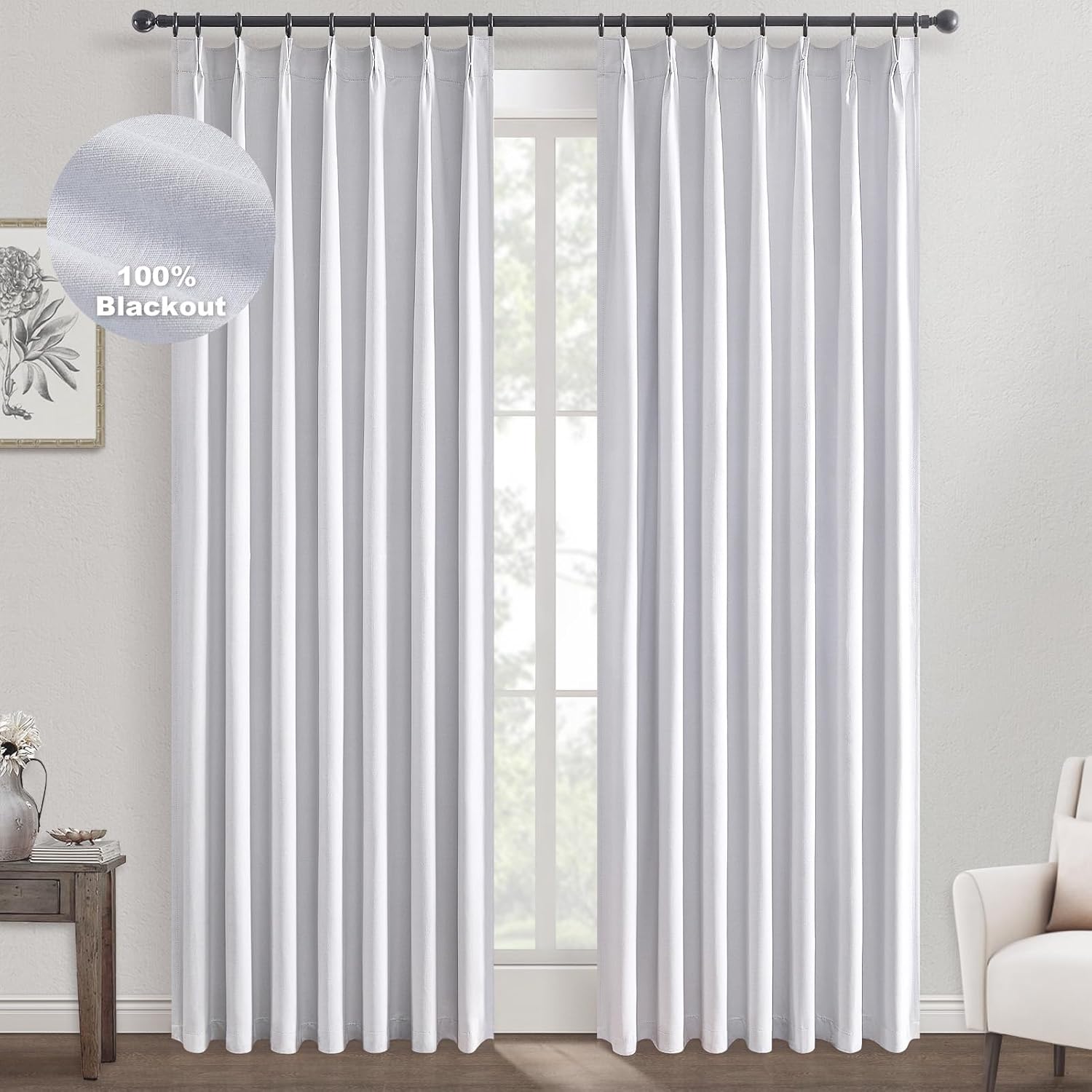 Topfinel White Pinch Pleated Curtains for Complete Blackout