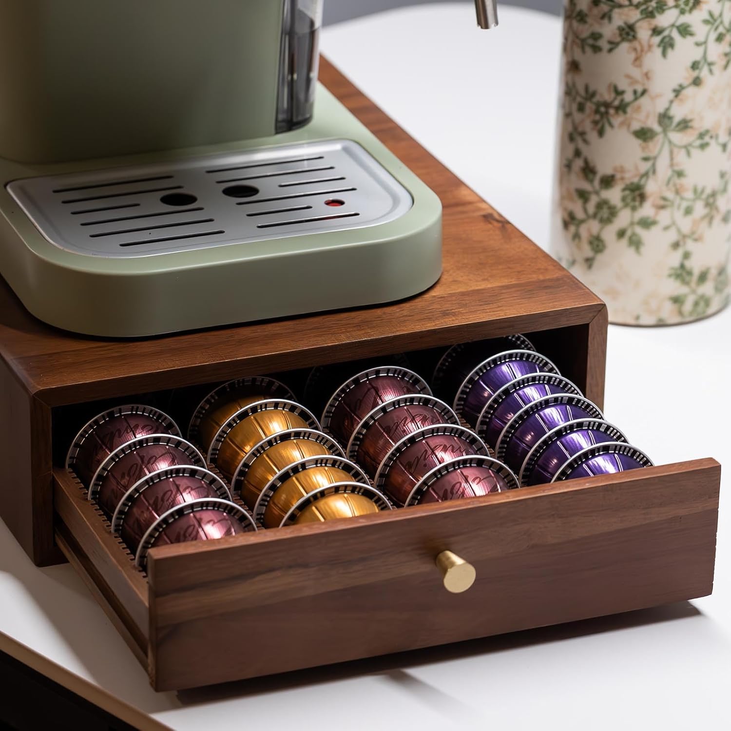 Acacia Wood Coffee Pod Drawer for Nespresso Vertuo Storage