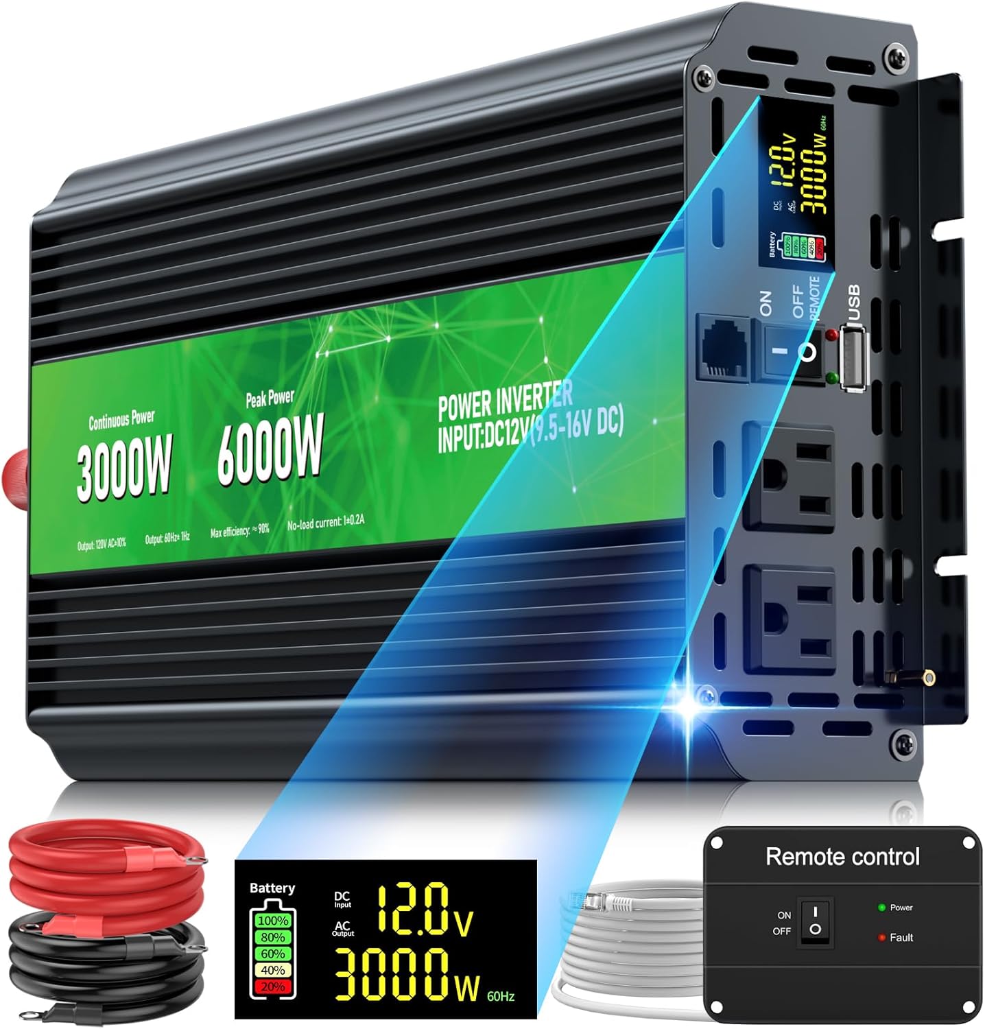 3000W Power Inverter with Remote Control for Outdoor Activities