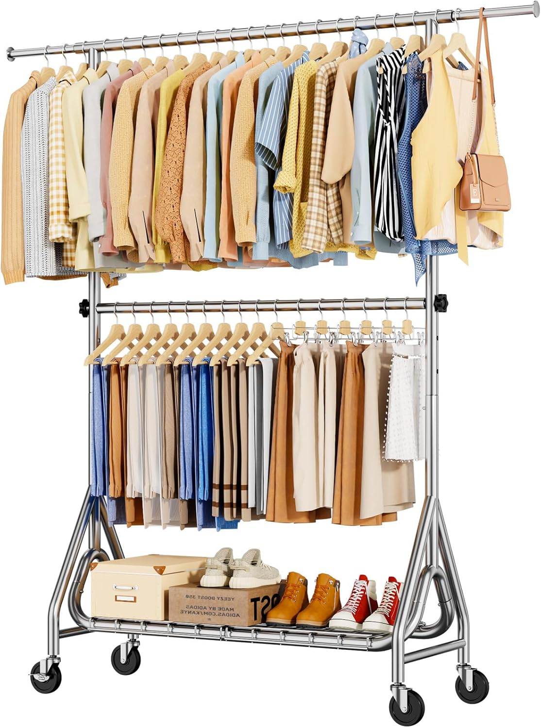 Double Rods Clothing Rack for Heavy Duty Clothes Storage