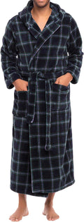 Mens Full-Length Plush Fleece Hooded Robe - Blue Green Tartan