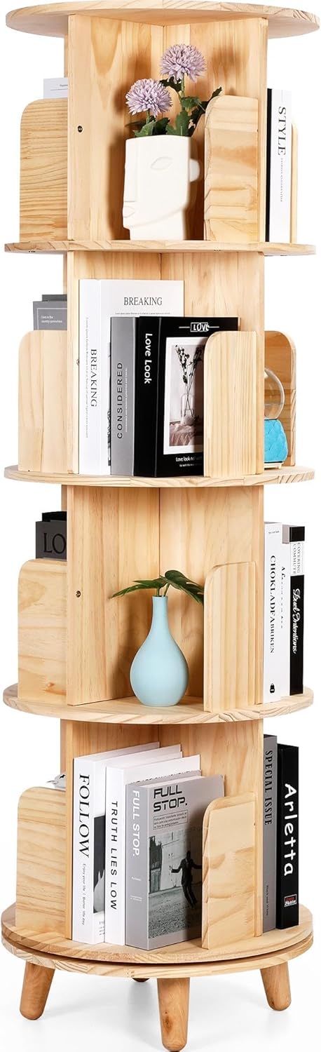 MXV Rotating Bookshelf: 360 Display 4-Tier Organizer for Home
