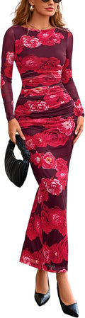 PRETTYGARDEN Floral Mesh Ruched Long Sleeve Bodycon Maxi Dress