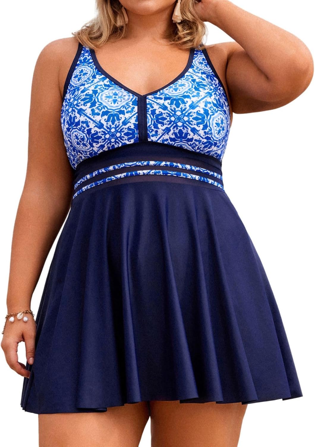Plus Size Swim Dress for Women with Boyshorts and Mesh Front