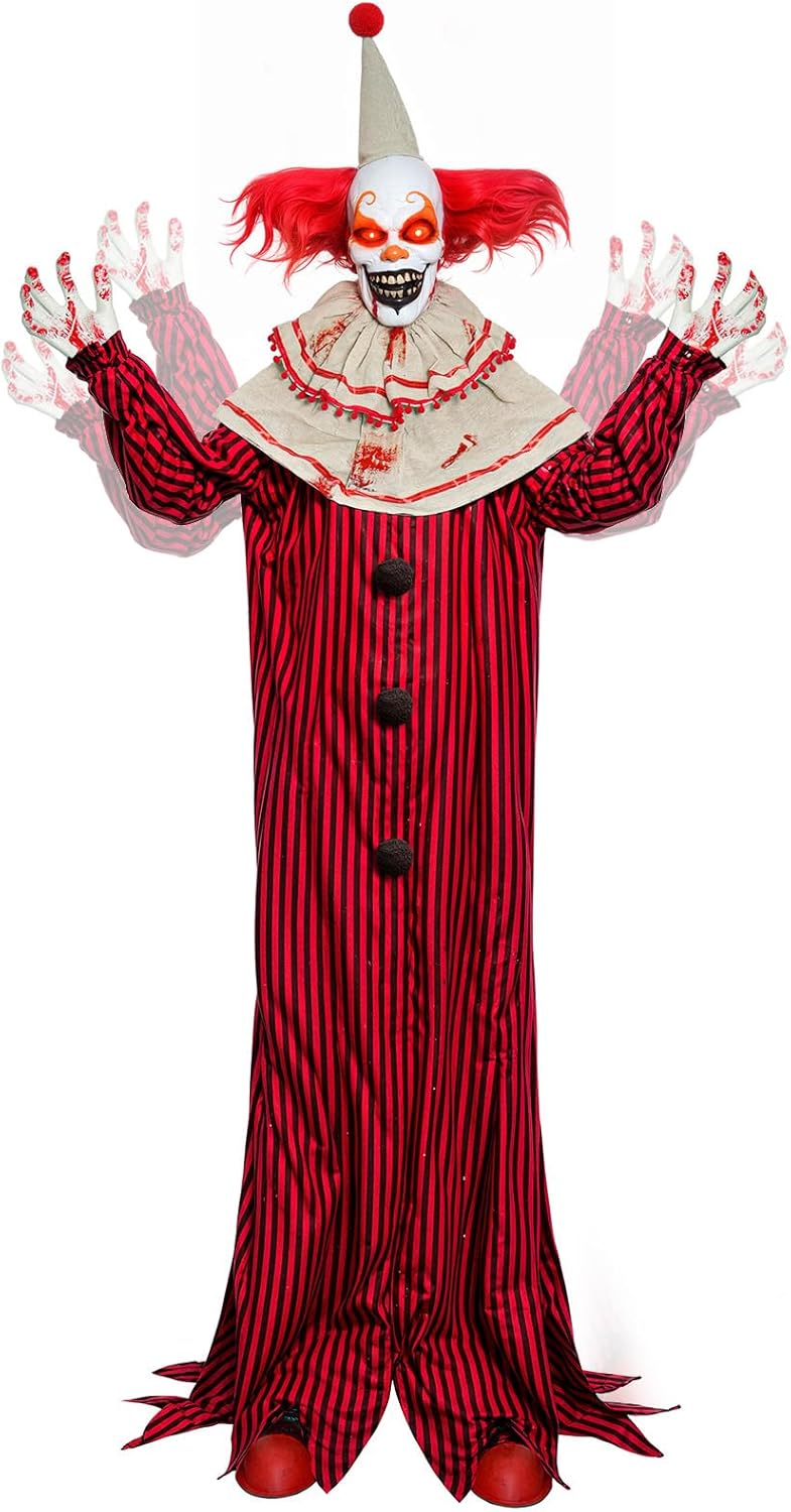 72in Scary Animatronic Clown with Red Eyes for Halloween Fun