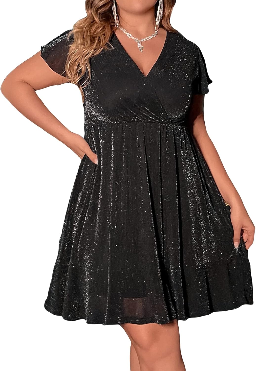 Floerns Women's Plus Size Glitter Wrap V Neck Short Sleeve Dress