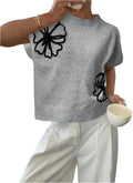 Women's Ribbed Floral Knit Short Sleeve Sweater - Lightweight Crew