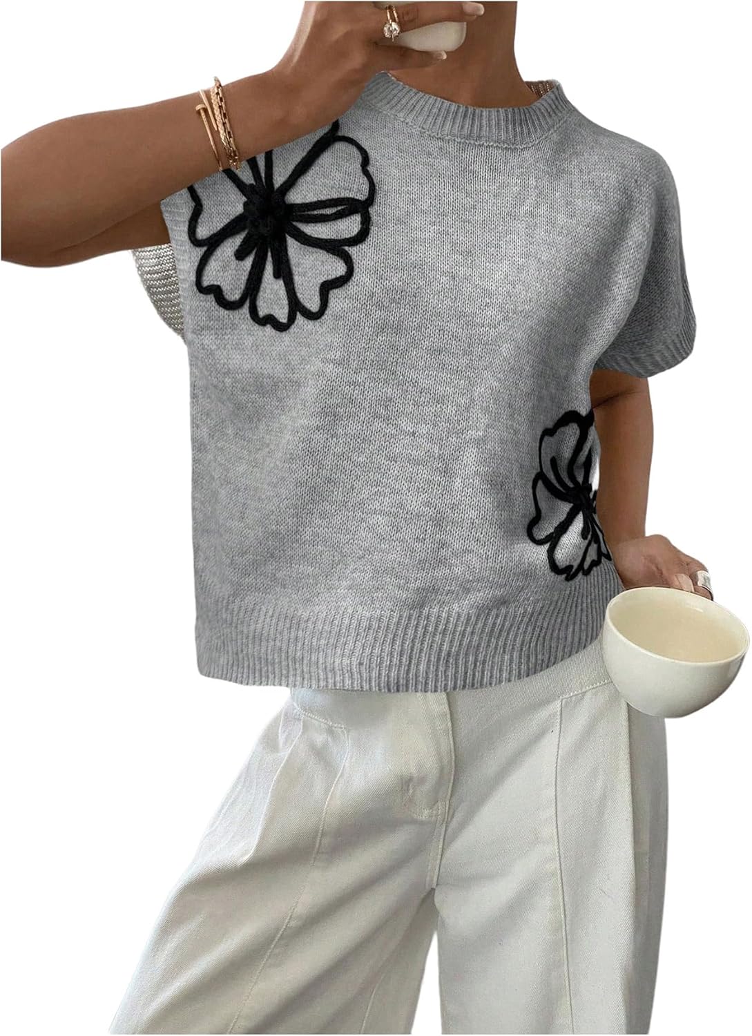 SOLY HUX Women's Ribbed Sweater Crew Neck Short Sleeve Top
