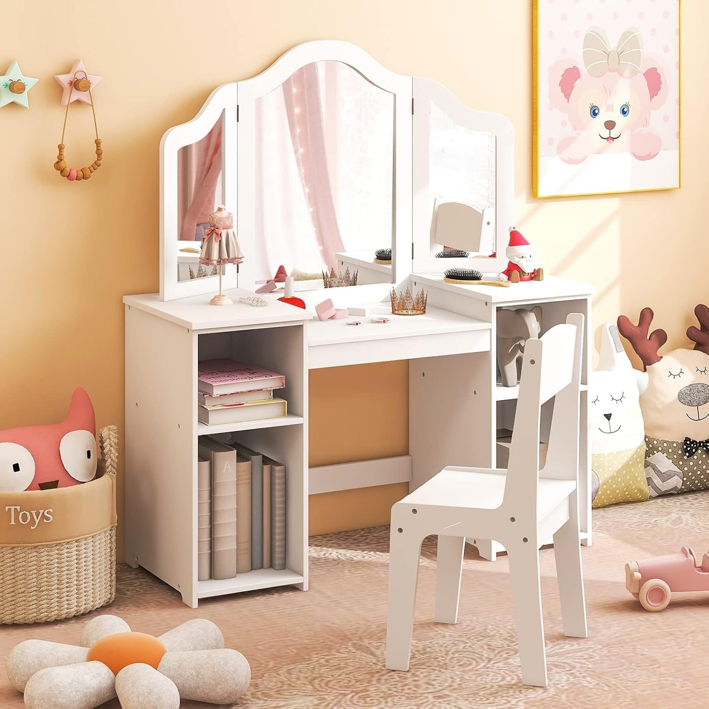 Costzon Kids Vanity Set with Tri-Folding Mirror for Little Girls