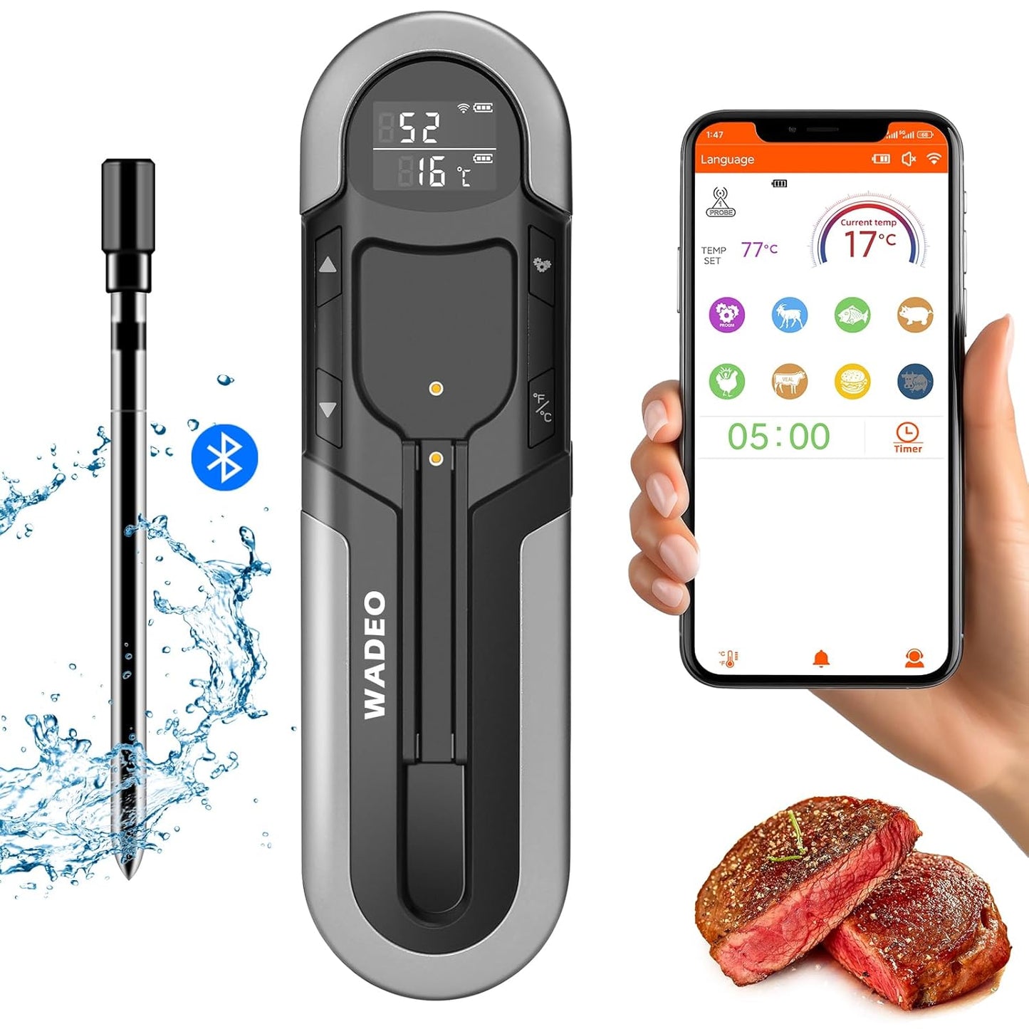 WADEO Wireless Meat Thermometer - 500FT Range!