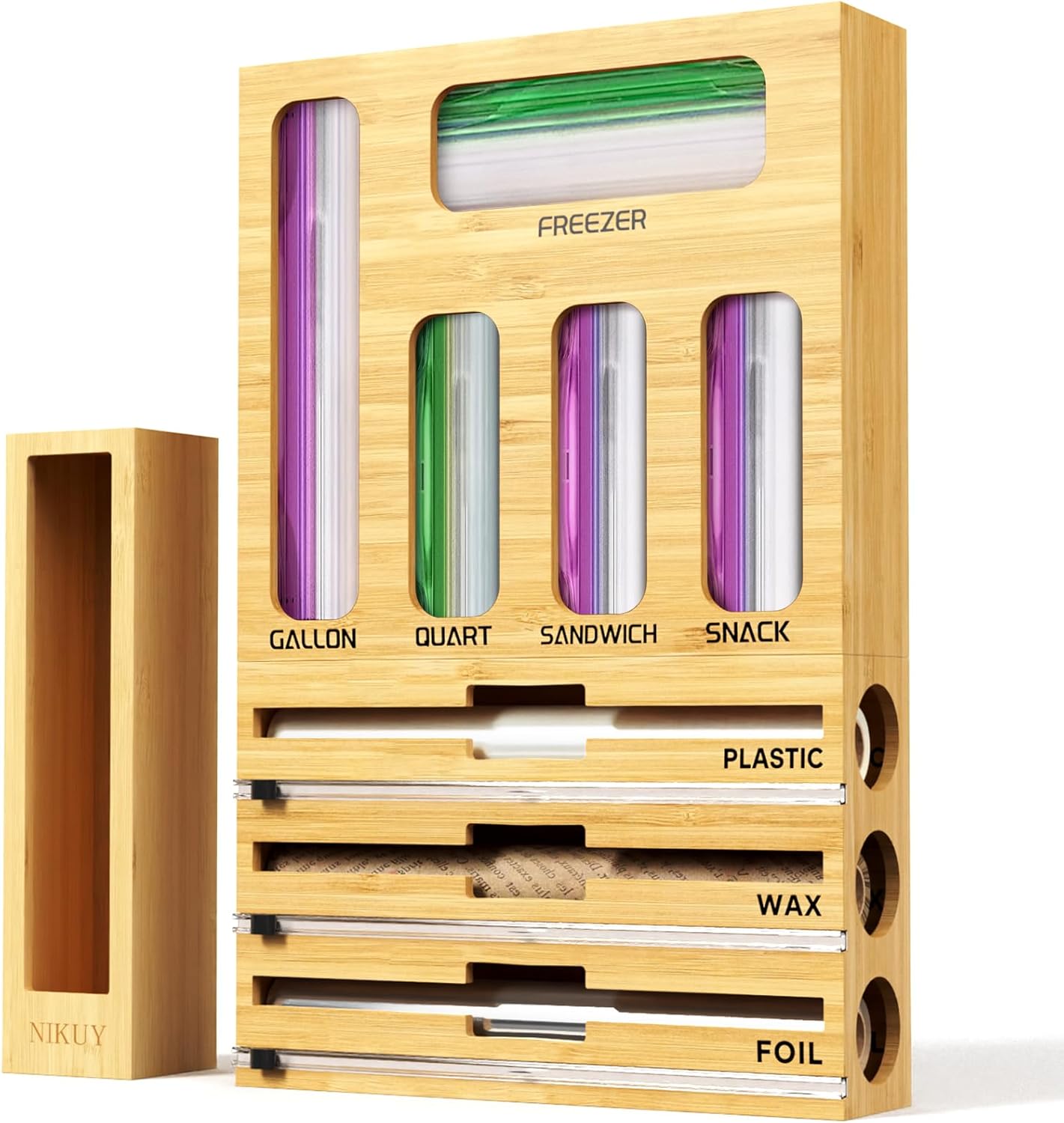 9 IN 1 Bamboo Foil and Plastic Wrap Organizer for Kitchen Storage