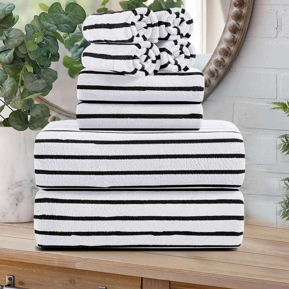 Oliven 8 Pcs Black White Cabana Stripe Bath Towel Set Review
