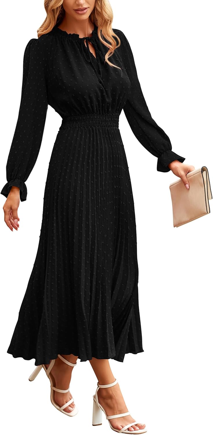 PRETTYGARDEN Women's Midi Dress: Elegant Swiss Dot Flowy Style