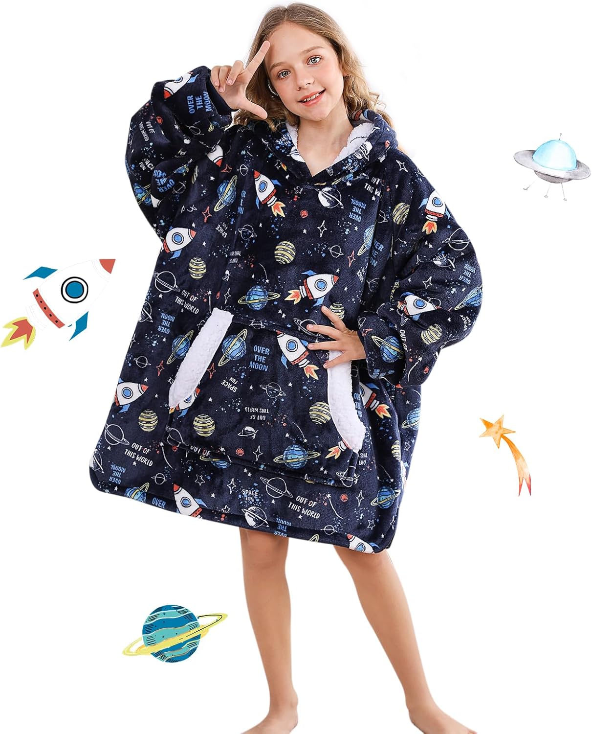 Cozy Sherpa Kids Hoodie Blanket - Blue Planet
