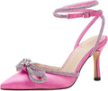 VETASTE Double Bow Pointed Toe Crystal Ankle Strap Pumps - Elegant