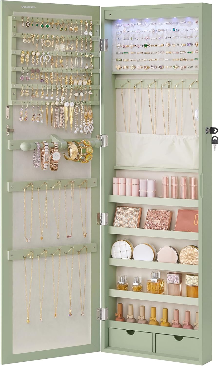 SONGMICS 47.2-Inch Tall Lockable Jewelry Cabinet with Mirror