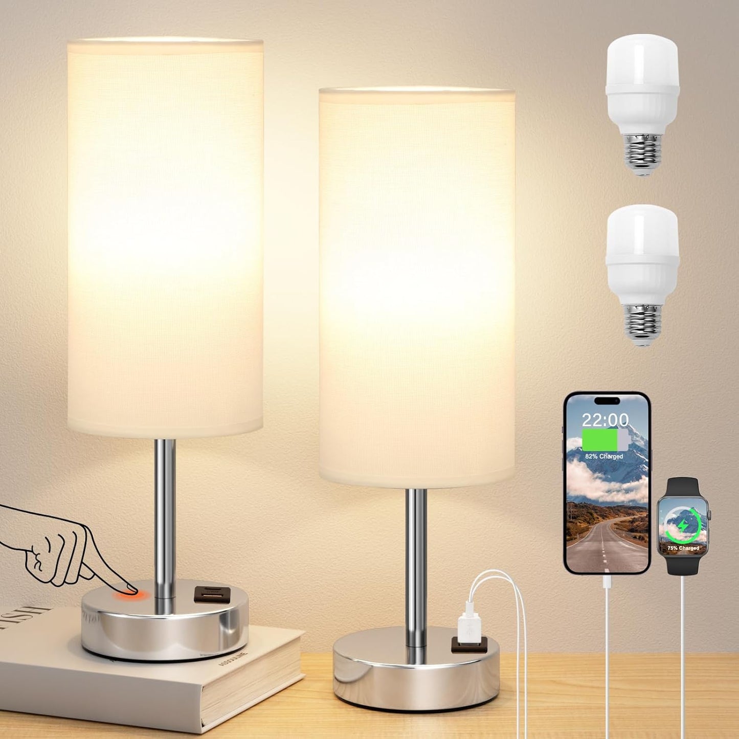 Touch Bedside Table Lamps Set of 2 with USB Charging Ports