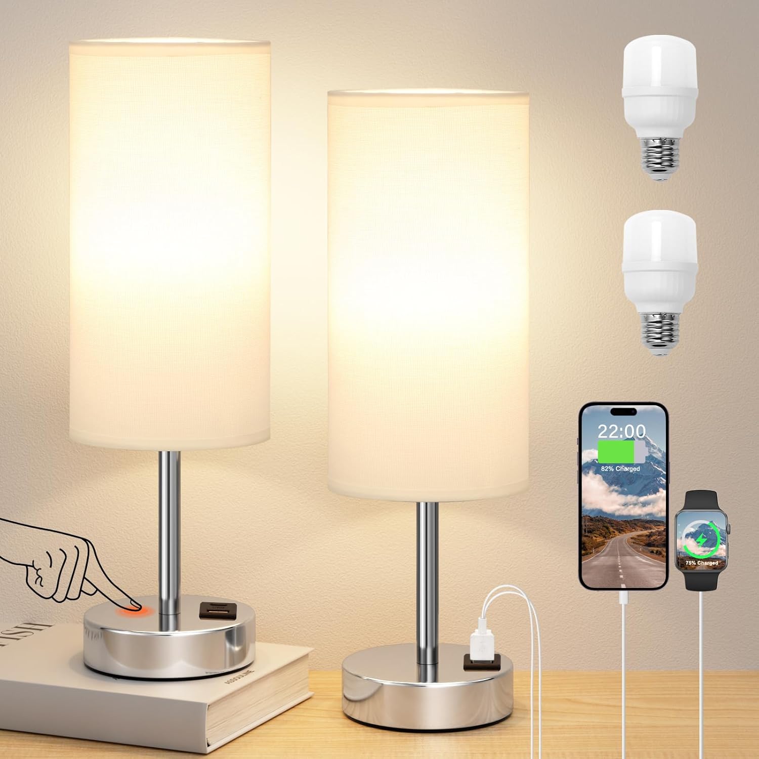 Touch Bedside Table Lamps Set of 2 with USB Charging Ports