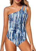 One Shoulder One Piece Swimsuit for Women - Blue Tie-Dye Tummy Control