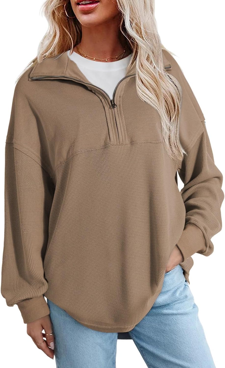 SHEWIN Womens Fall Sweatshirt Casual Waffle Knit Half Zip Pullover