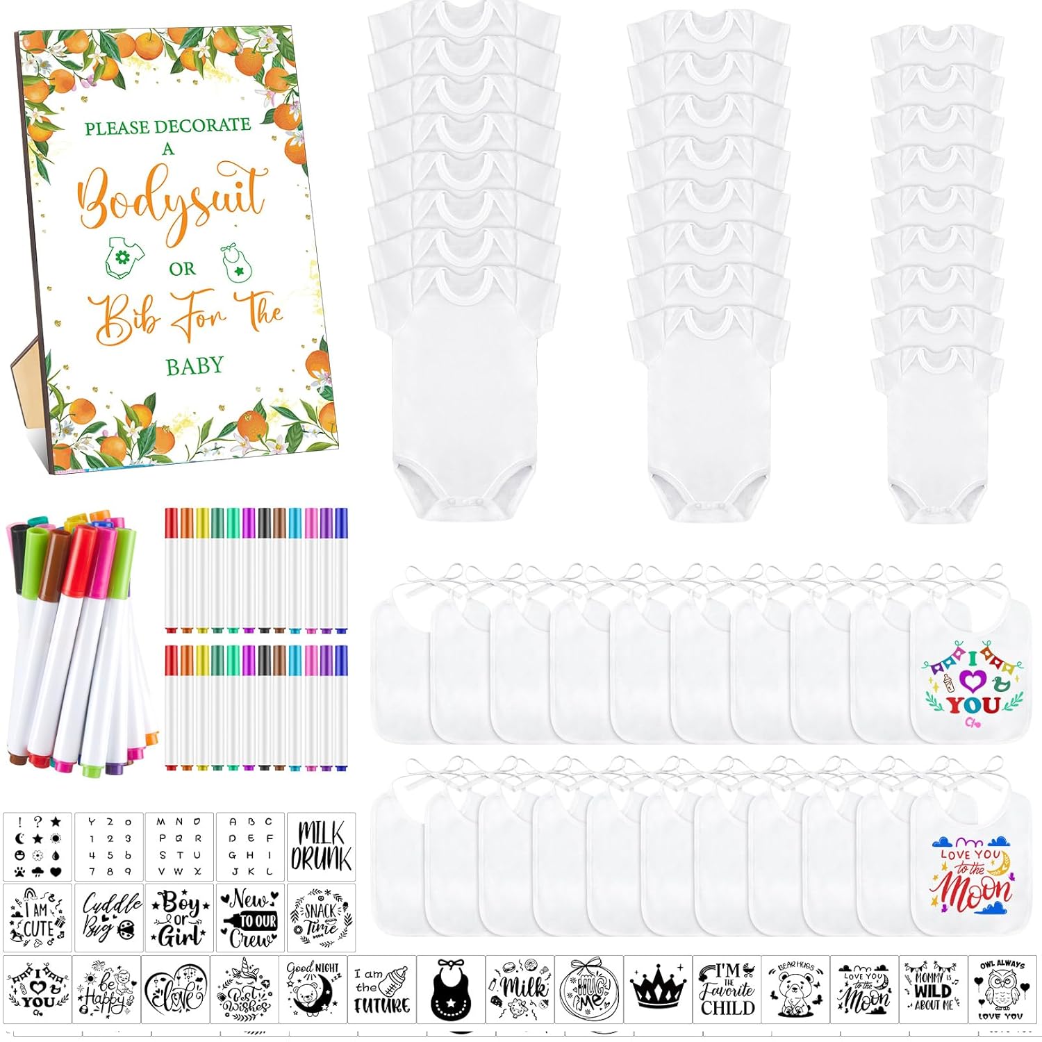 DIY Baby Shower Game Set with Blank Bibs and Fabric Markers