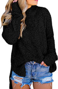 Fuzzy Knitted Sherpa Sweater Women - Cozy Side Slit Jumper