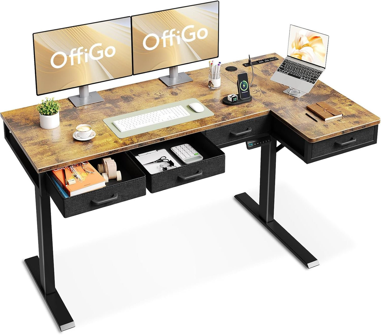 Height Adjustable L Desk with Power Outlets - OffiGo