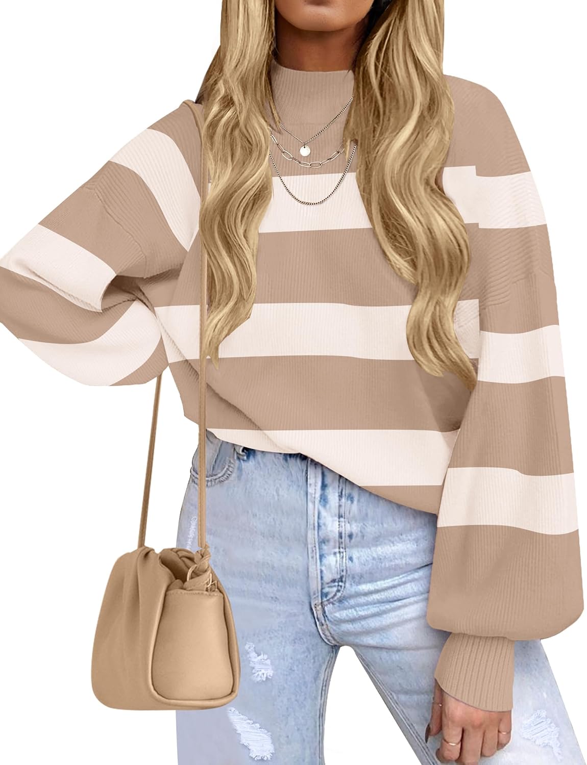ZESICA Women's Turtleneck Long Sleeve Striped Pullover Sweater