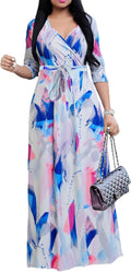 Women's Casual V Neck 3/4 Sleeve Maxi Dress - Flowy Everyday Style