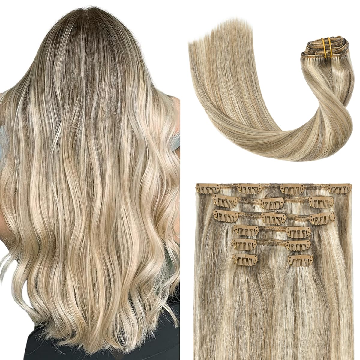 Clip in Hair Extensions Real Human Hair 18in Ash Blonde Mix
