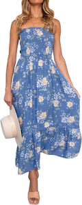 ZESICA Strapless Summer Maxi Dress - Flowy High Waist Boho